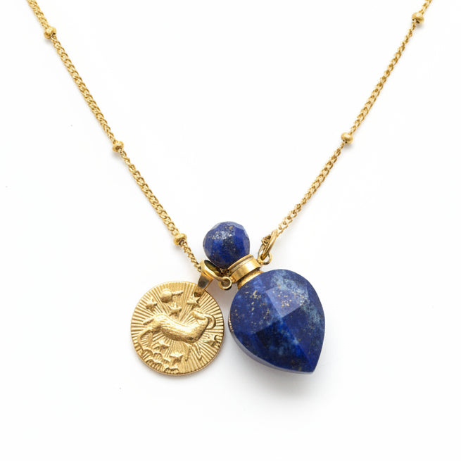 Aries zodiac necklace with lapiz lazuli crystal pendant bottle