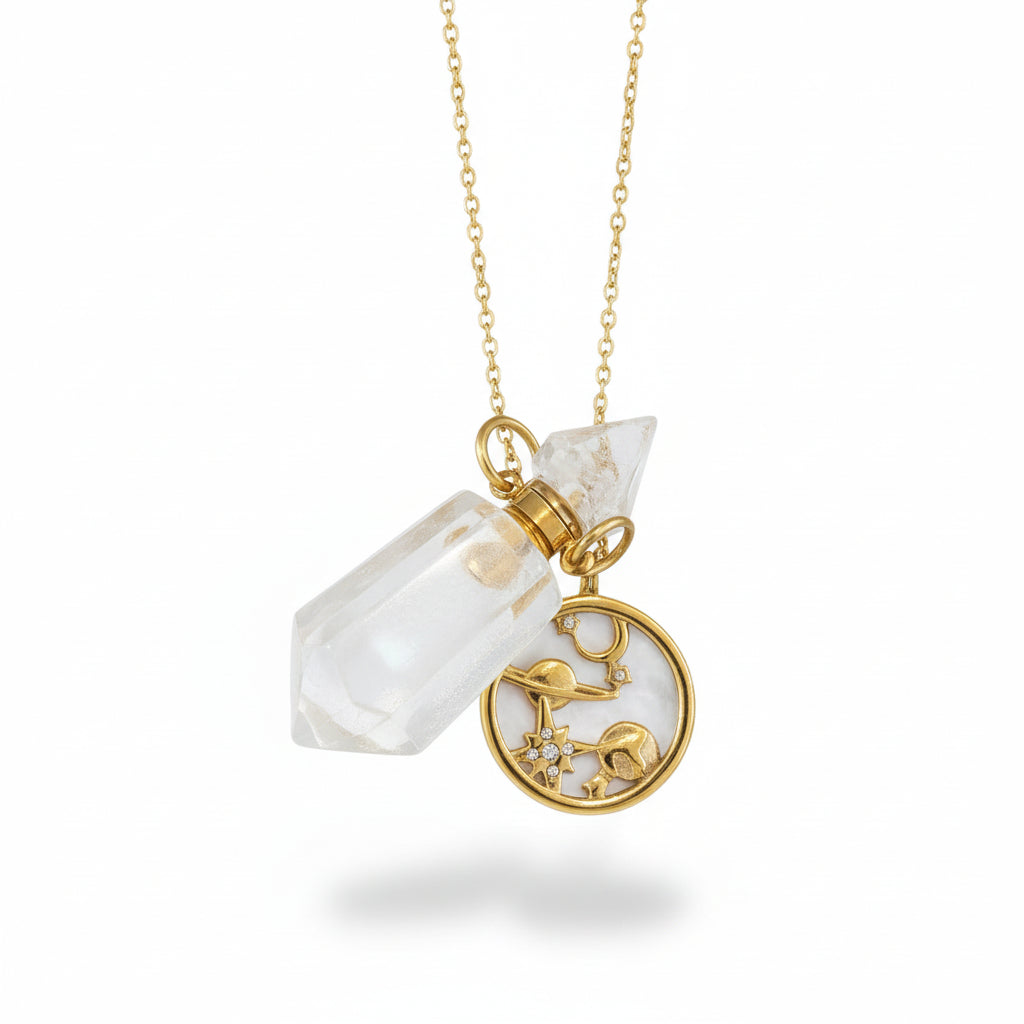 Clear Quartz crystal perfume pendant bottle with gold cosmos charm and chain