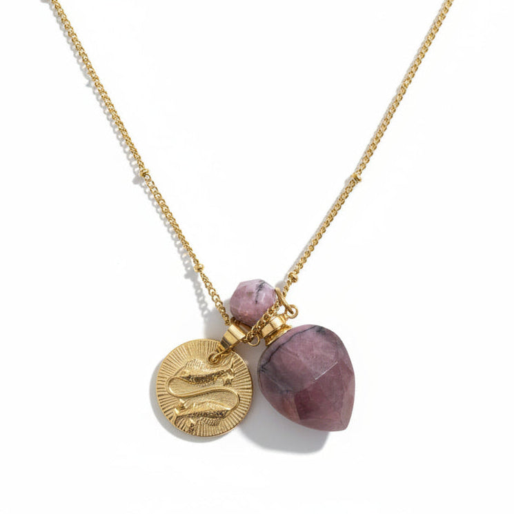 Pisces zodiac necklace with rhodonite crystal pendant