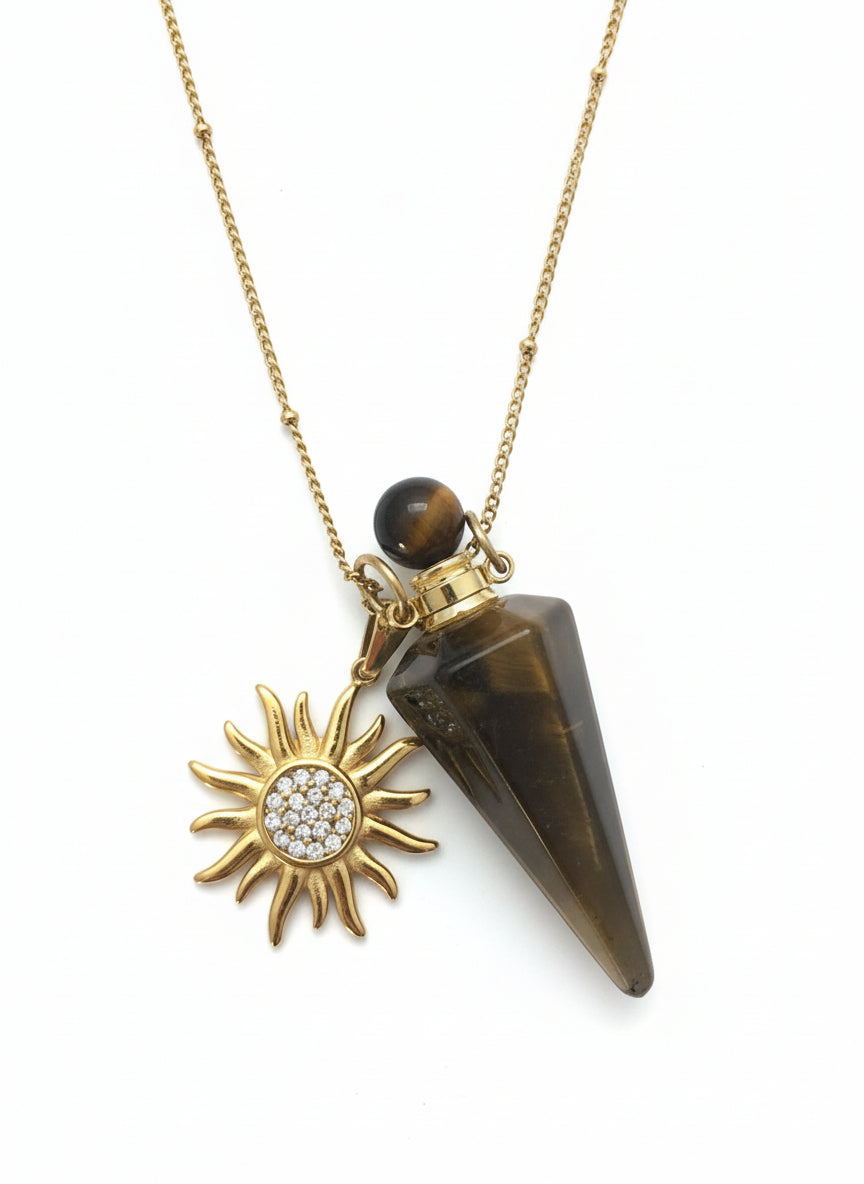 Tiger Eye crystam perfume pendant bottle Necklace with sun pendant