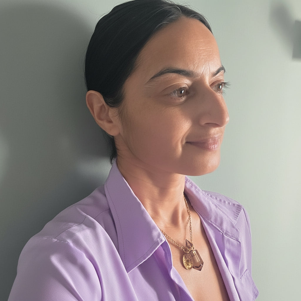 Person wearing a purple shirt with a crystal aroma oil pendant bottle with zodiac clock on a light gray background