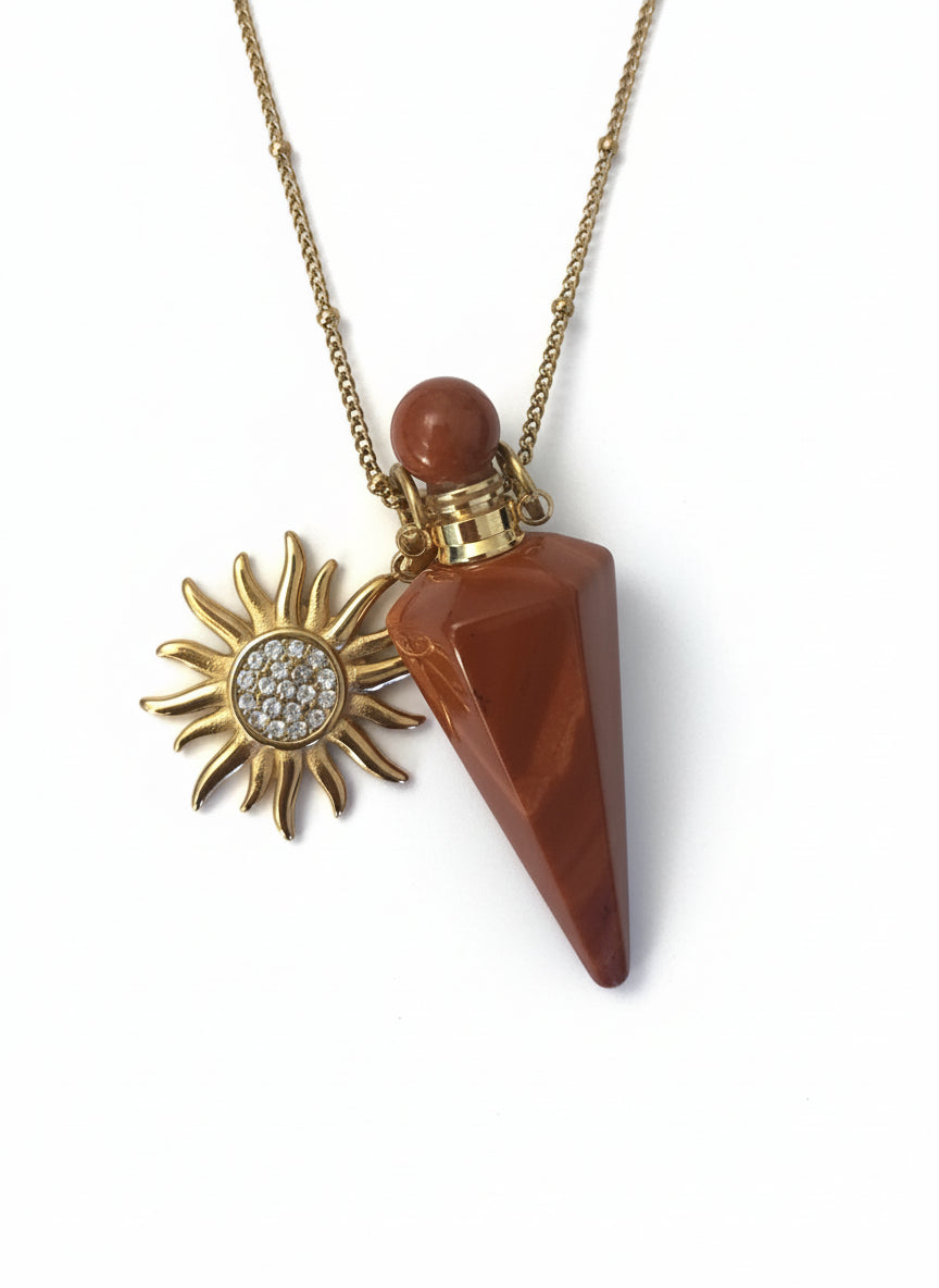 Red Jasper crystal perfume pendant bottle Necklace with a sunflower pendant 