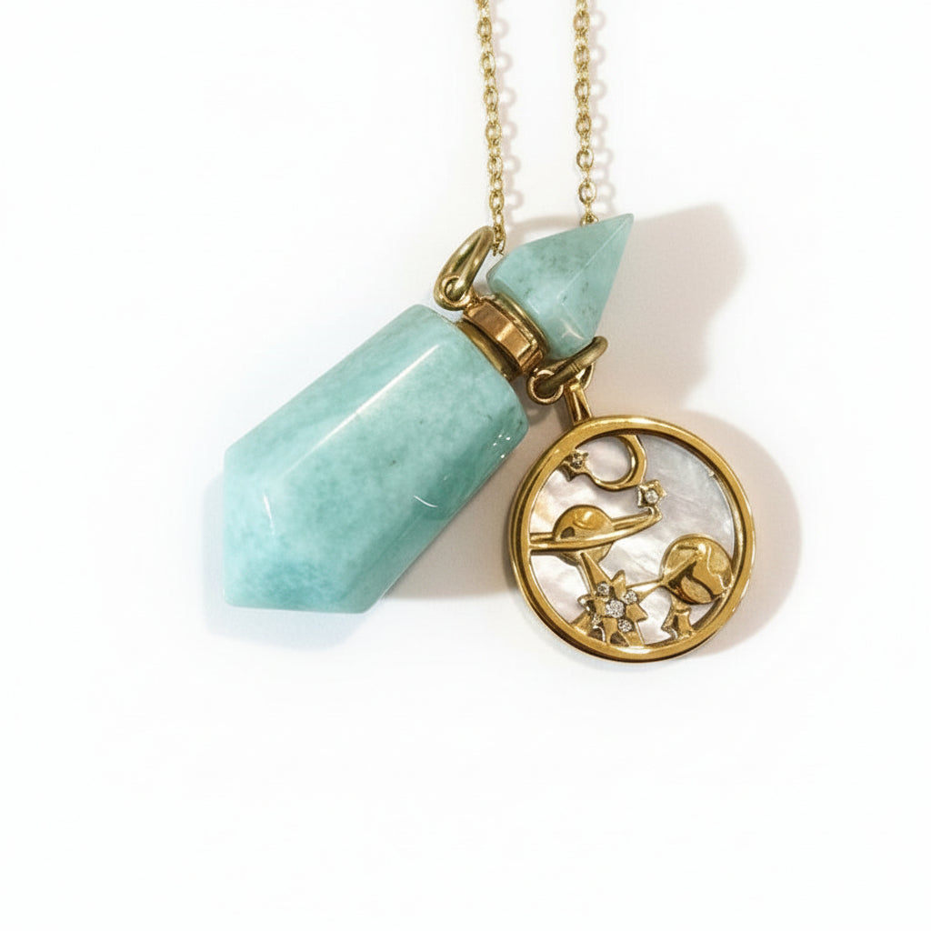 Amazonite crystal perfume pendant bottle Necklace with a gold cosmos charm and chain