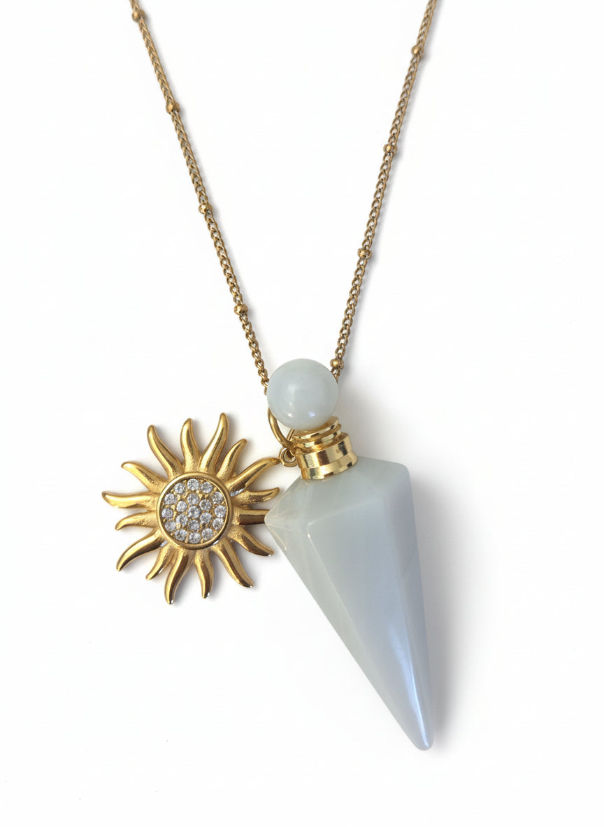 Amazonite crystal perfume oil pendant bottle necklace with a sunflower pendant 