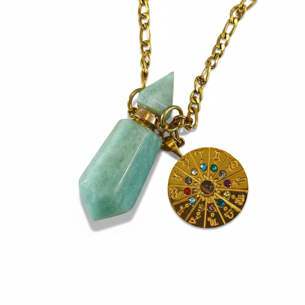 Zodiac clock Necklace with amazonite crystal pendant bottle for perfume oil and gold chain on beige stone surface