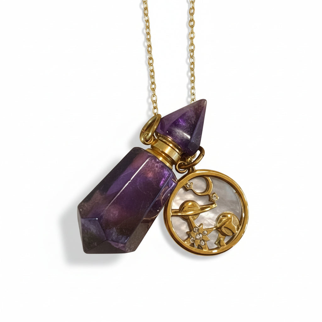 Amethyst crystal perfume pendant bottle with gold cosmos charm and chain