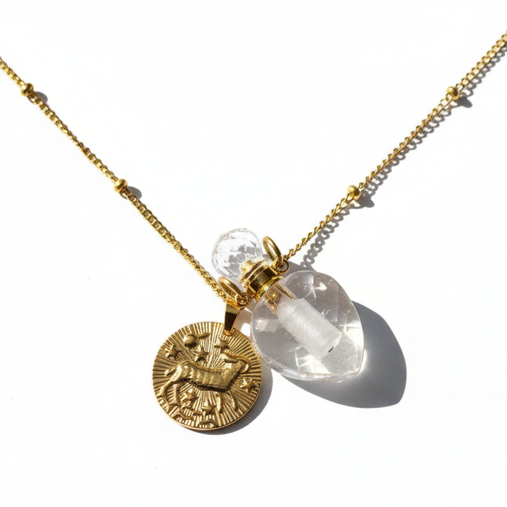 Aries zodiac necklace with clear quartz crystal pendant bottle