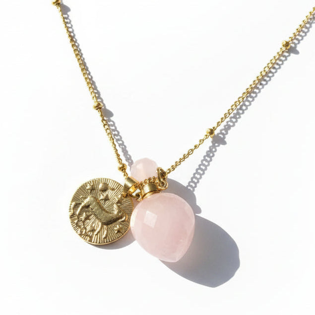 Aries zodiac necklace with rose quartz crystal pendant