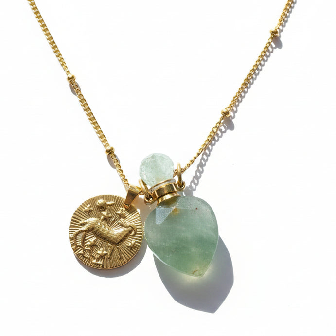 Aries zodiac necklace with green aventurine crystal pendant bottle