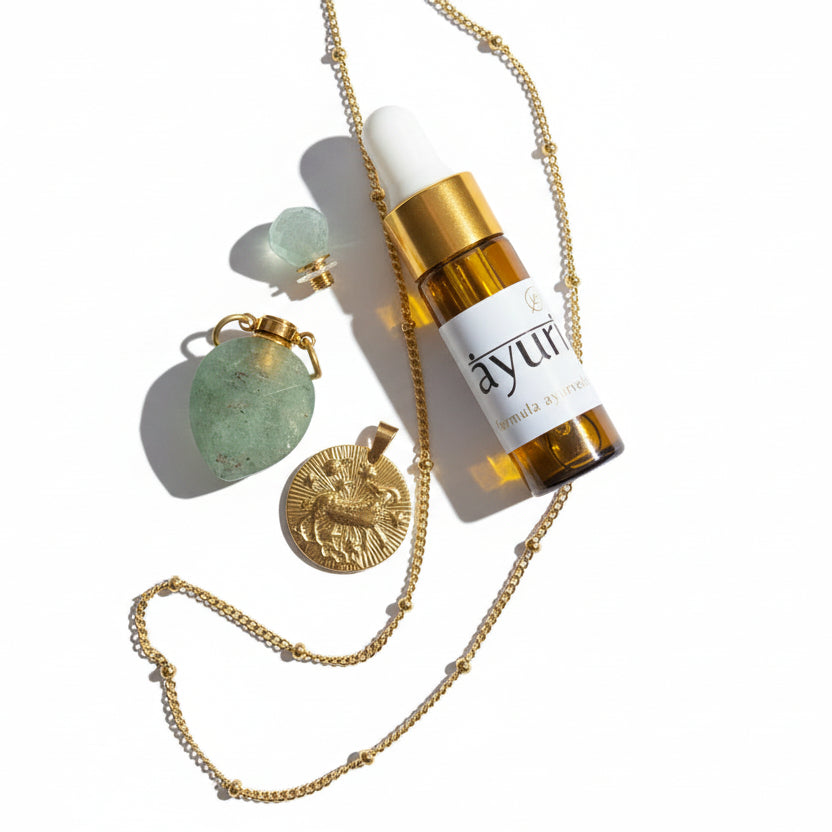 Aries coin zodiac necklace Green Aventurine crystal pendant flatlay