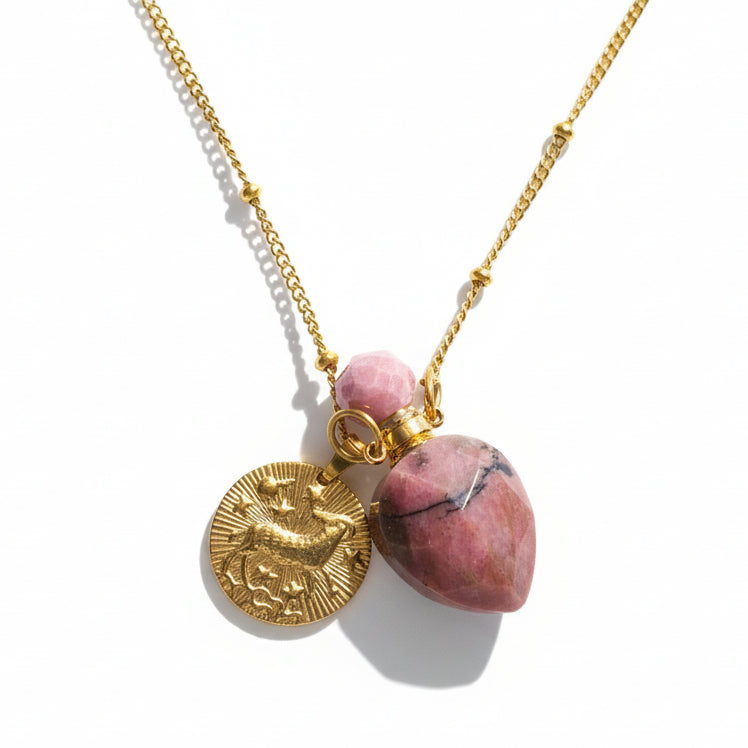 Aries zodiac necklace with rhodonite crystal pendant