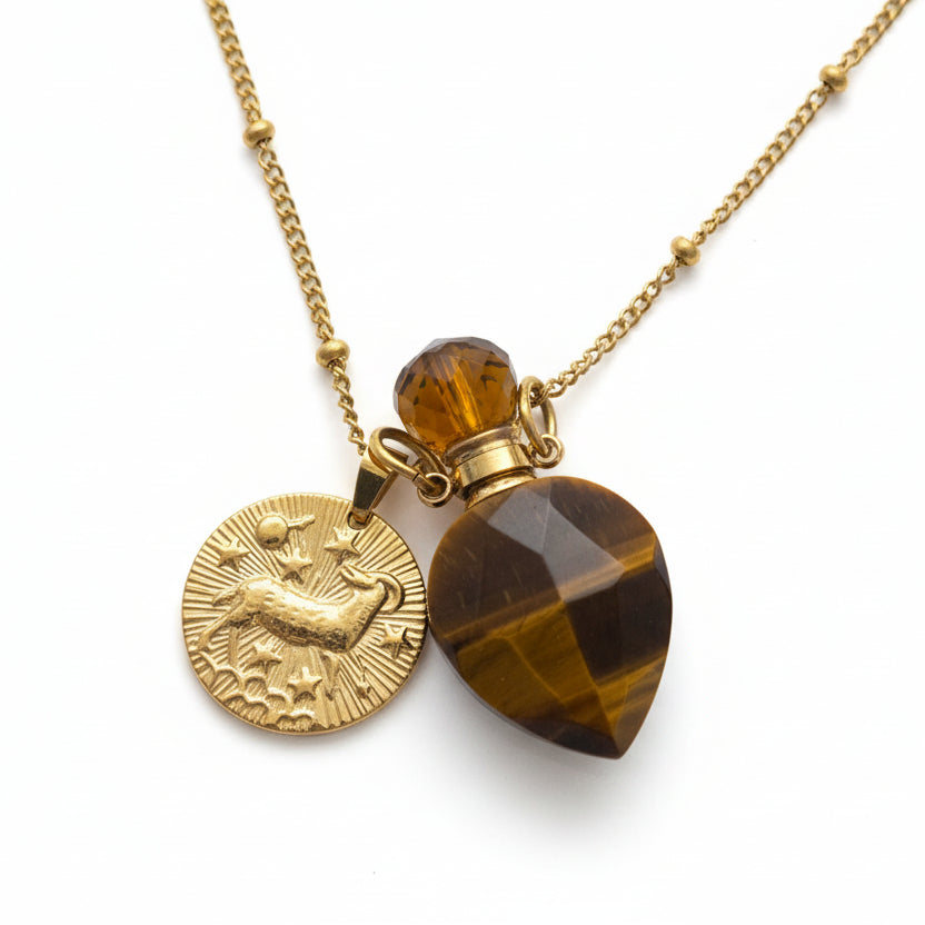 Aries zodiac necklace with tiger eye crystal pendant bottle