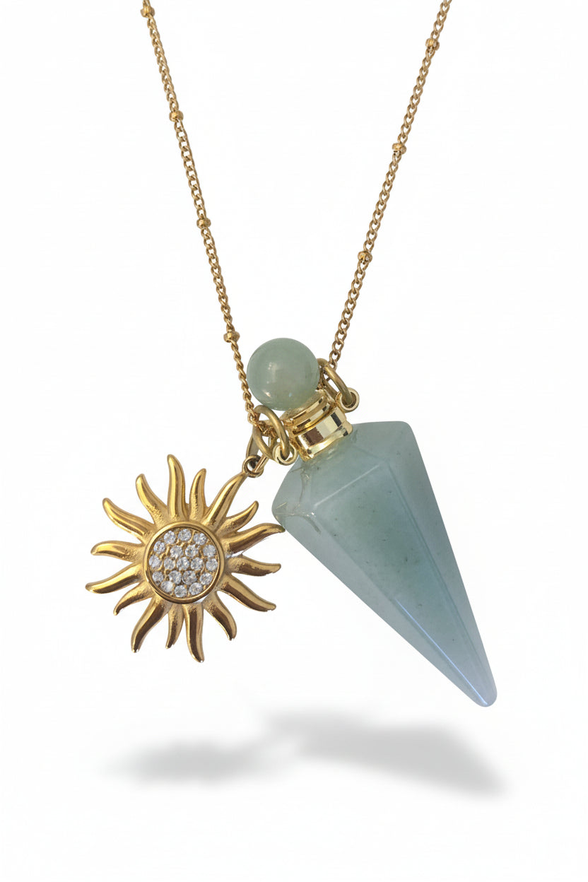 Green Aventurine crystal perfume pendant bottle Necklace with sunflower pendant 