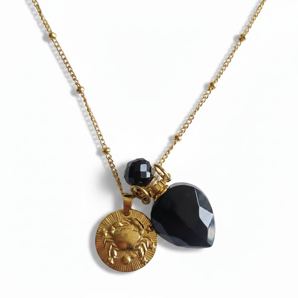 Cancer Coin & Black Obsidian Vintage Crystal pendant bottle necklace
