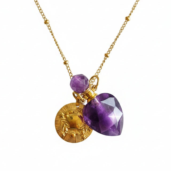 Cancer coin & Amethyst Vintage crystal pendant bottle necklace