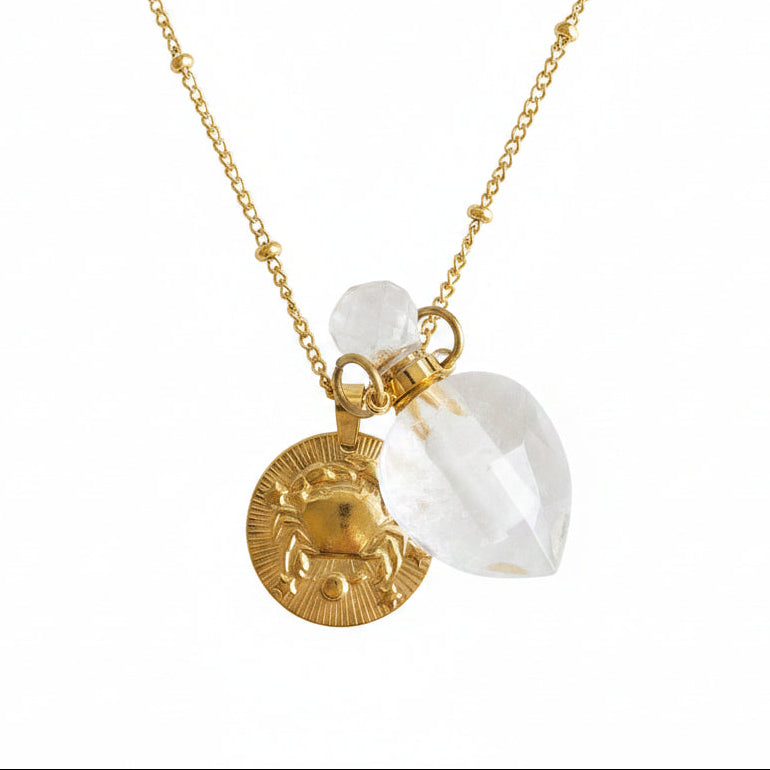 Cancer coin & Clear Quartz Vintage crystal pendant bottle necklace