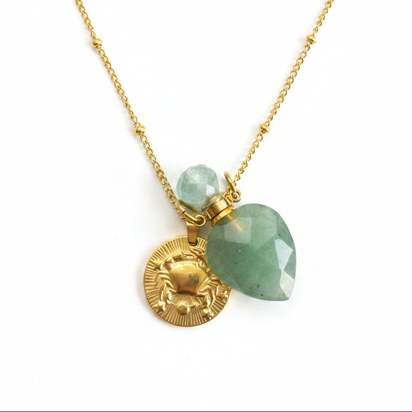 Cancer coin & Green Aventurine Vintage crystal pendant bottle necklace