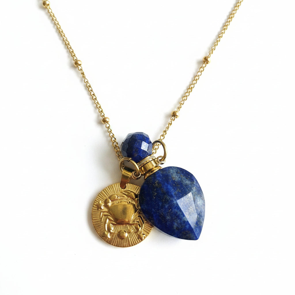 Cancer coin & Lapiz Lazuli Vintage crystal pendant bottle necklace