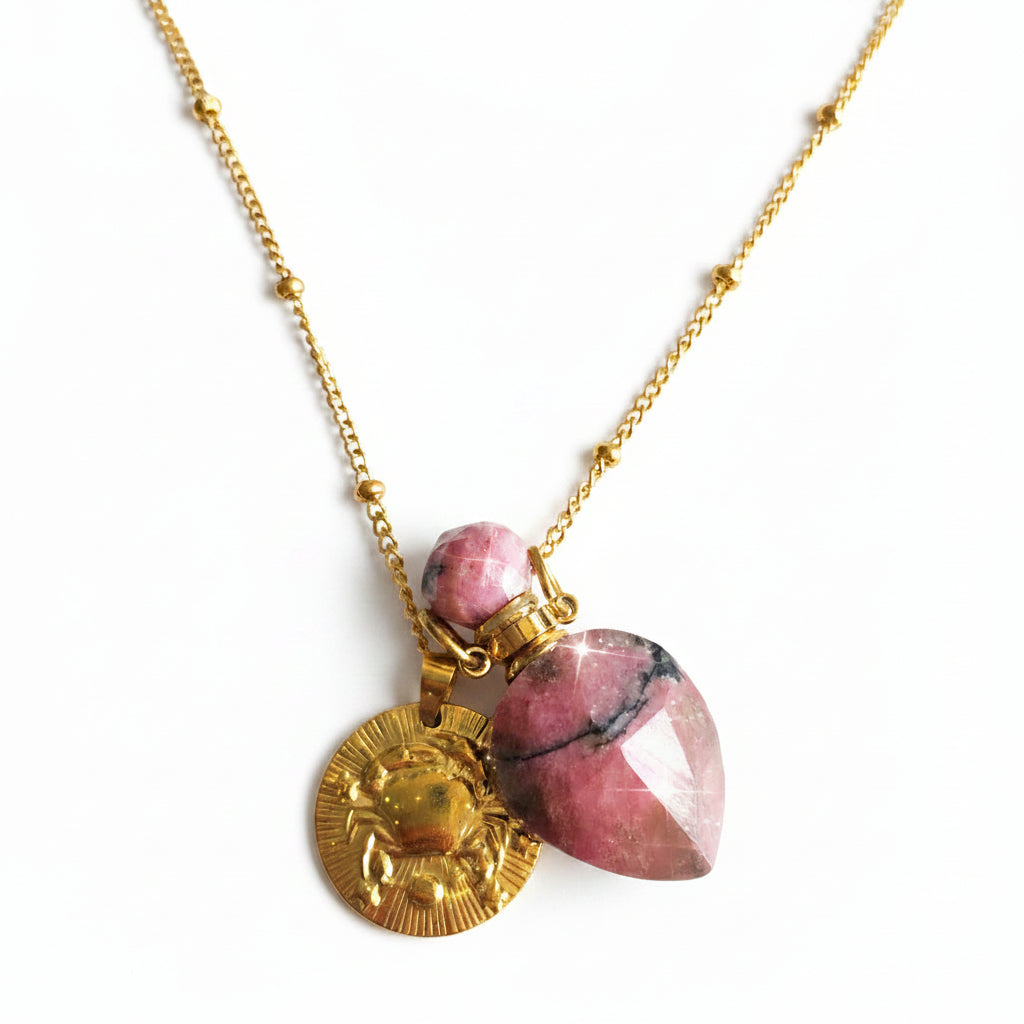 Cancer coin & Rhodonite Vintage crystal pendant bottle necklace