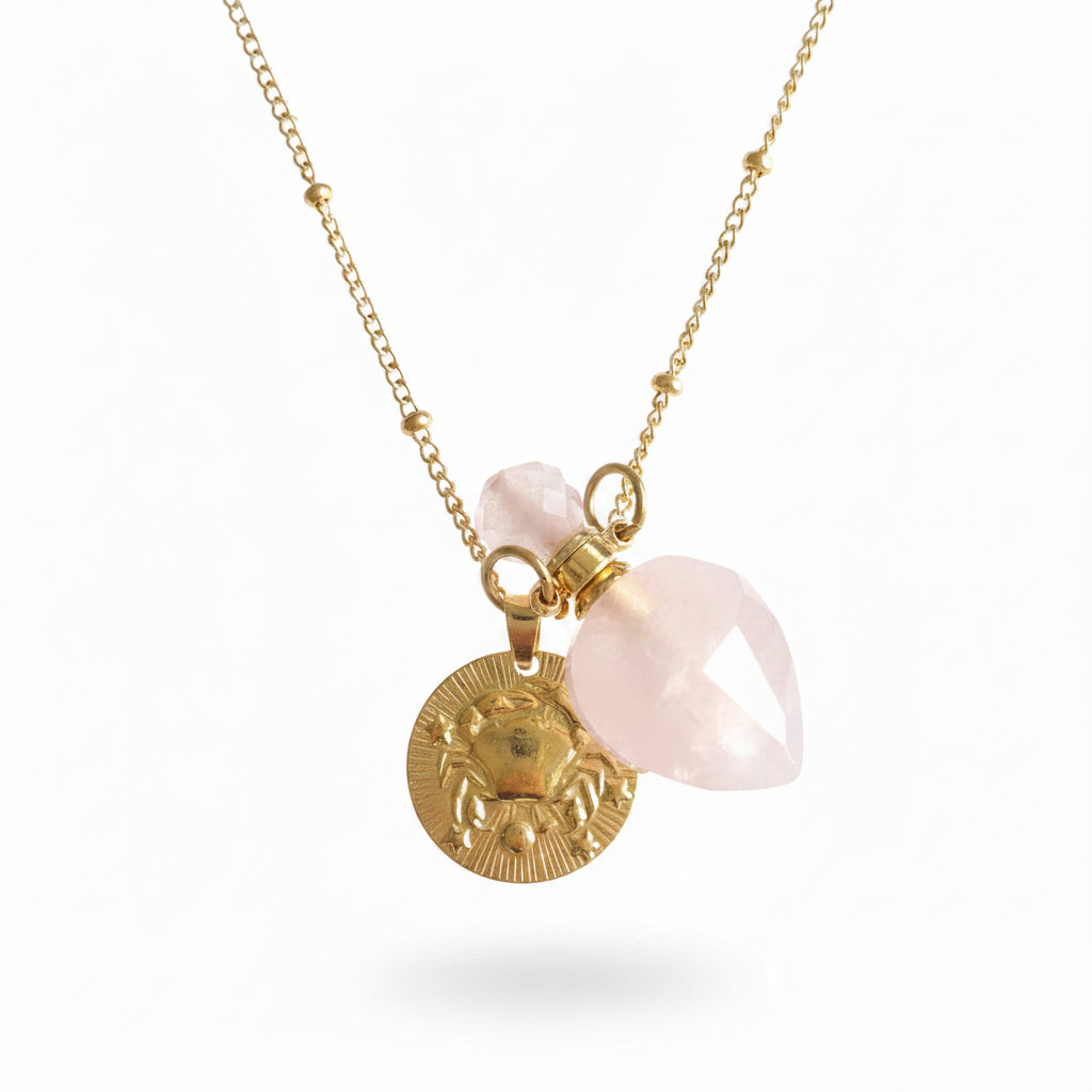 Cancer coin & Rose Quartz Vintage crystal pendant bottle necklace
