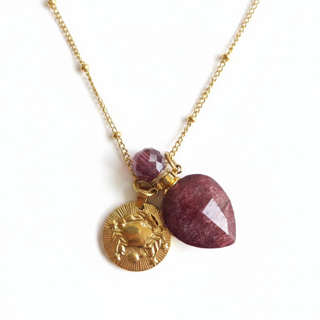 Cancer coin & Strawberry quartz Vintage crystal pendant bottle necklace