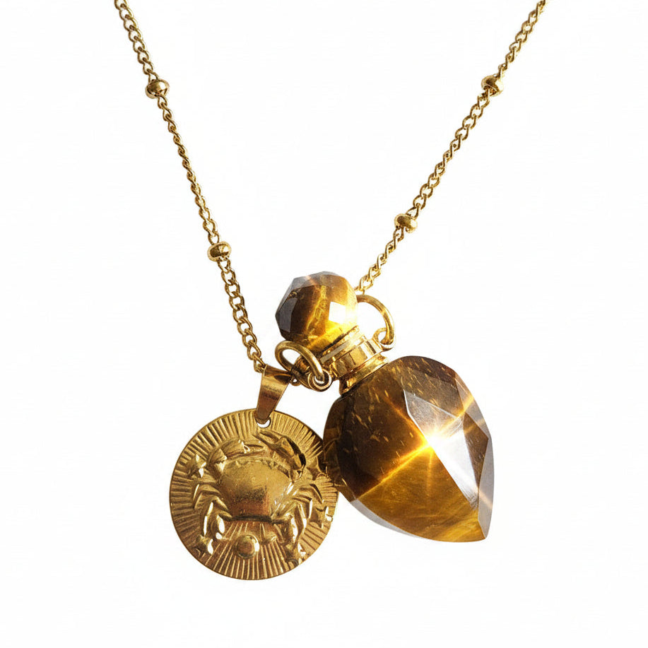 Cancer coin & Tiger eye Vintage crystal pendant bottle necklace