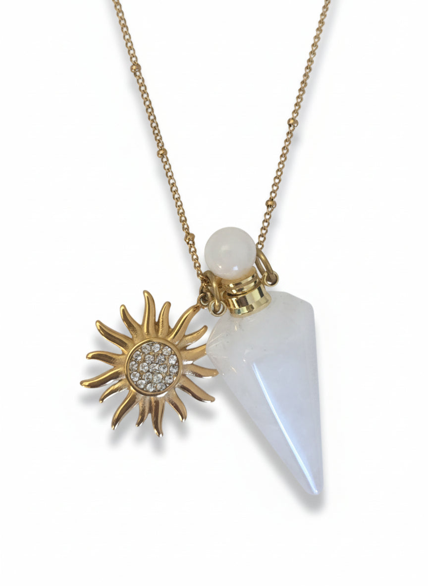 Clear Quartz crystal perfume pendant bottle Necklace with sunflower pendant