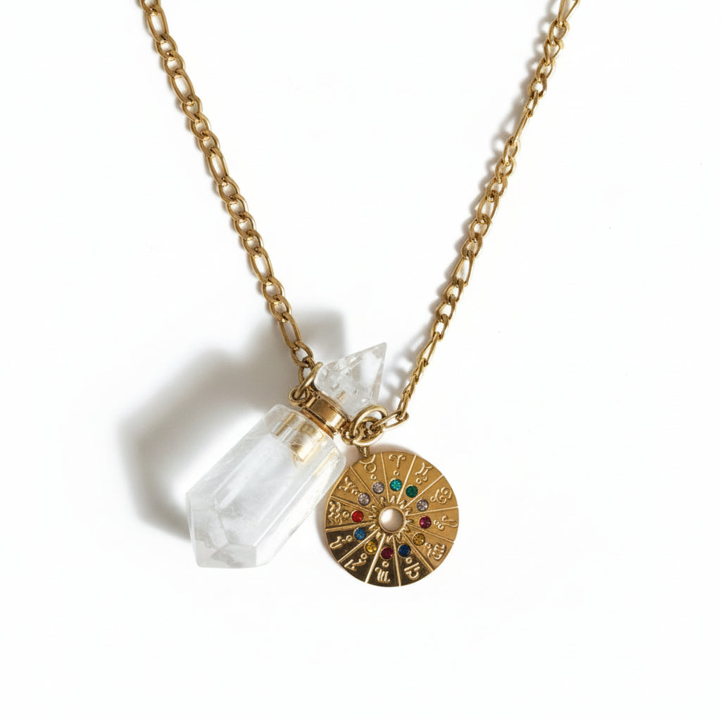 Clear Quartz crystal perfume pendant bottle with gold zodiac clock charm and chain