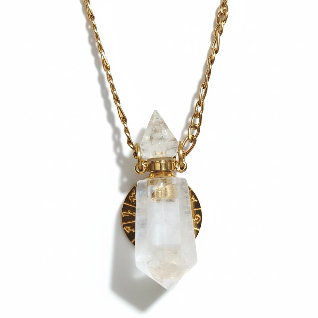 Clear Quartz crystal perfume pendant bottle with gold zodiac clock charm and chain