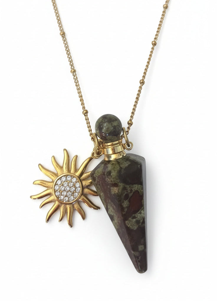 Dragons Blood Jasper crystal perfume pendant bottle Necklace with sun-shaped pendant