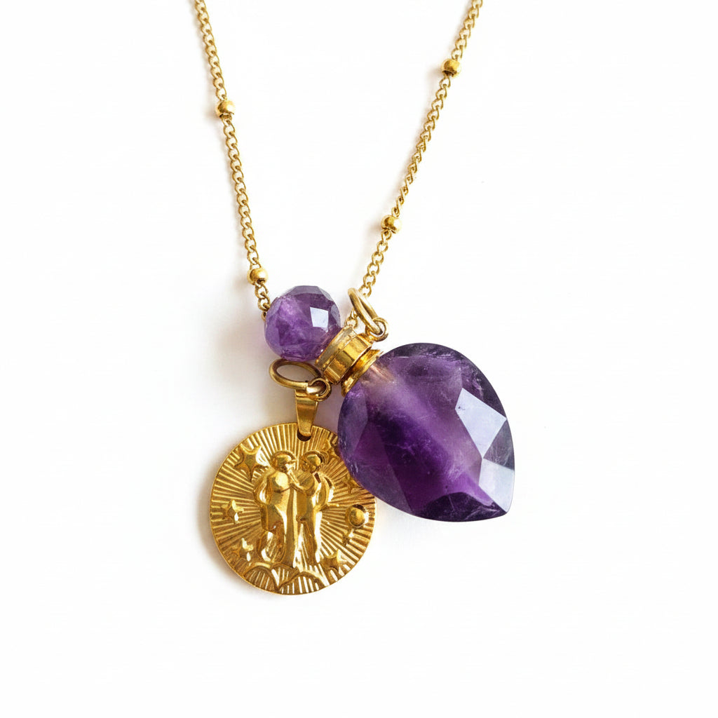 Gemini coin & Amethyst Vintage crystal pendant bottle necklace
