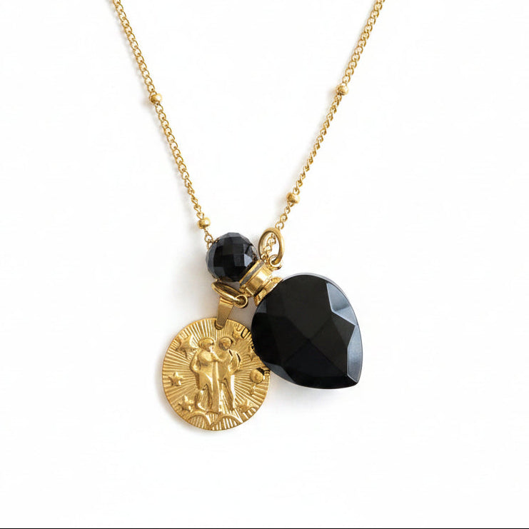 Gemini coin & Black Obsidian Vintage crystal pendant bottle necklace