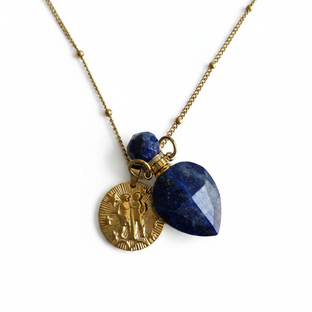 Gemini coin & Lapiz Lazuli Vintage crystal pendant bottle necklace