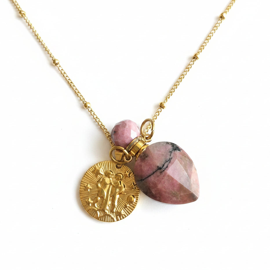 Gemini coin & Rhodonite Vintage crystal pendant bottle necklace