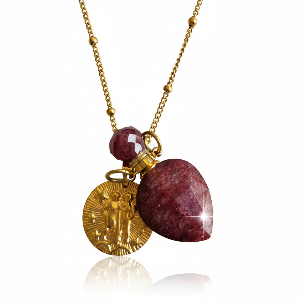 Gemini coin & Strawberry quartz Vintage crystal pendant bottle necklace