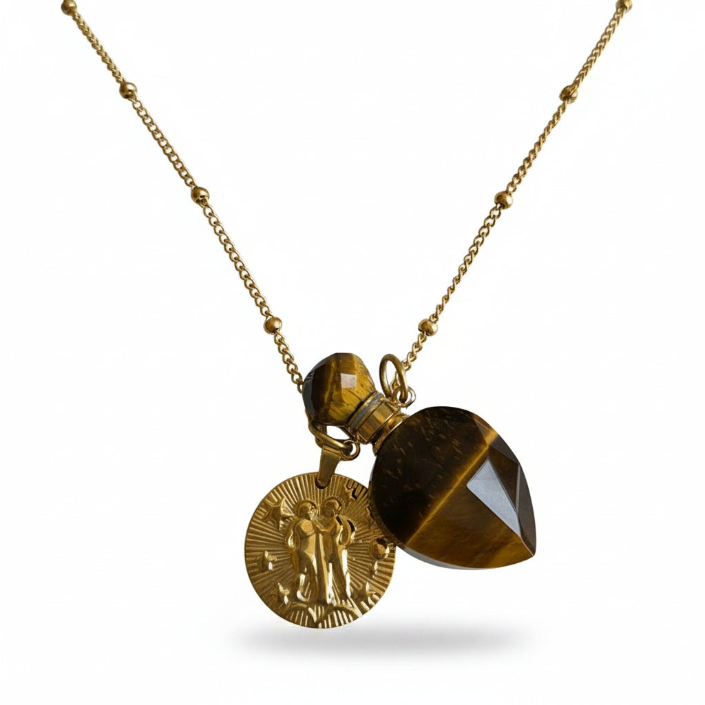 Gemini coin & Tiger Eye Vintage crystal pendant necklace