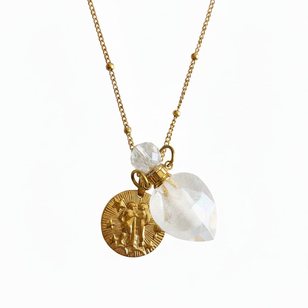 Gemini coin & clear quartz crystal pendant bottle necklace