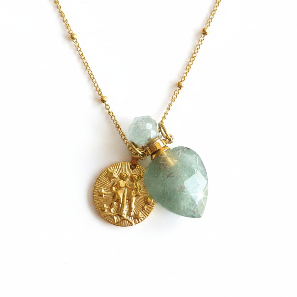 Gemini coin & green aventurine vintage crystal pendant bottle necklace
