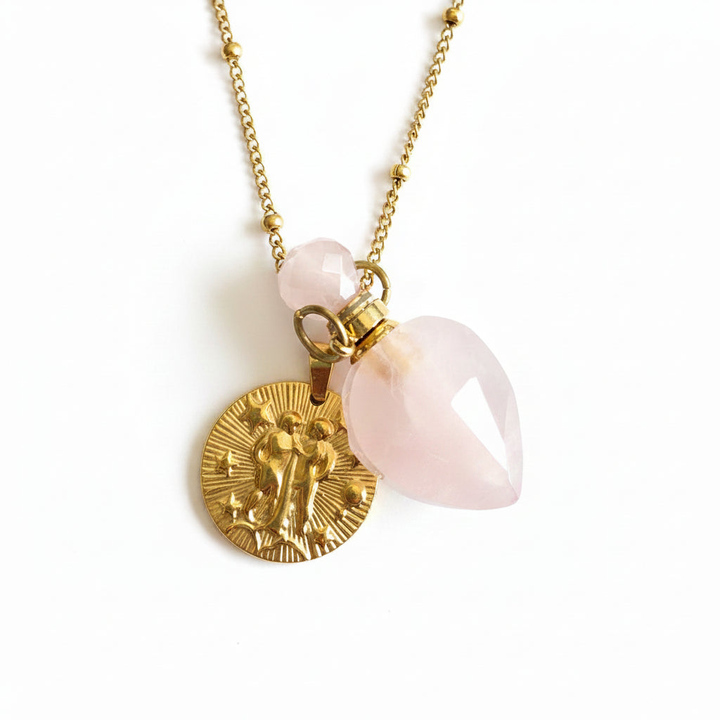 Gemini coin & rose quartz vintage crystal pendanr bottle necklace