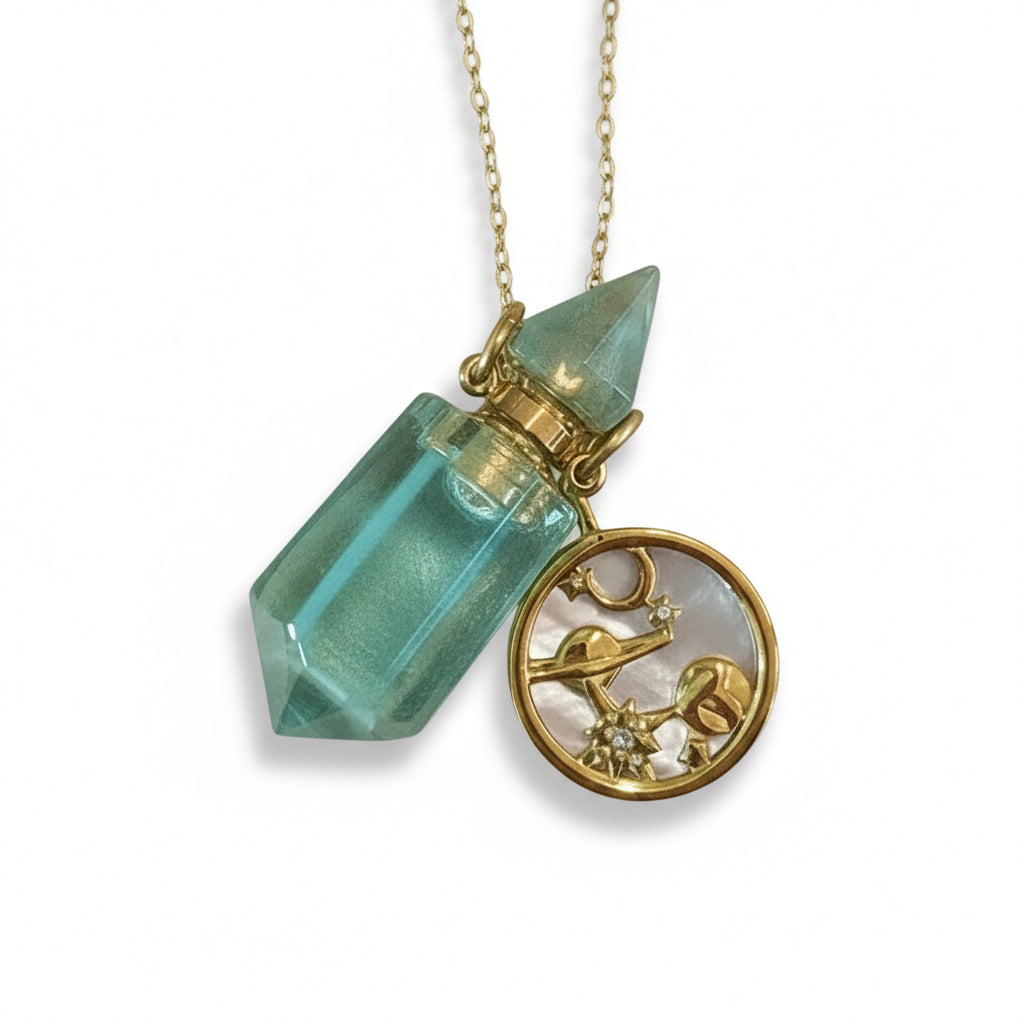 Green Flourite Crystal perfume pendant bottle Necklace with a gold cosmos charm and chain