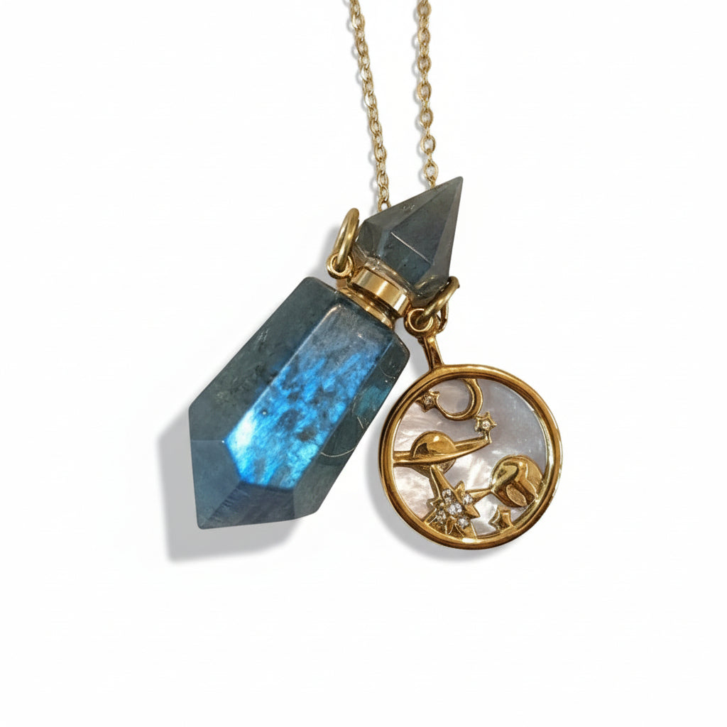 Labradorite crystal, perfume pendant bottle Necklace with gold cosmos charm on a gold chain