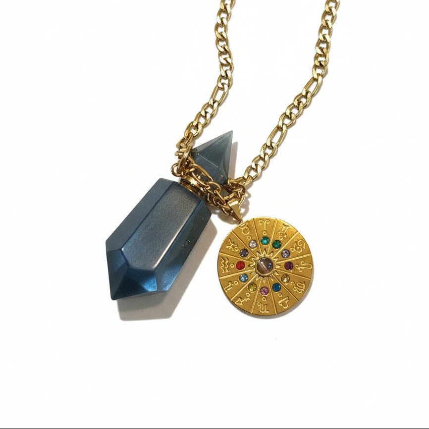 zodiac clock necklace with a labradorite crystal pendant bottle for perfume oil on a beige surface.