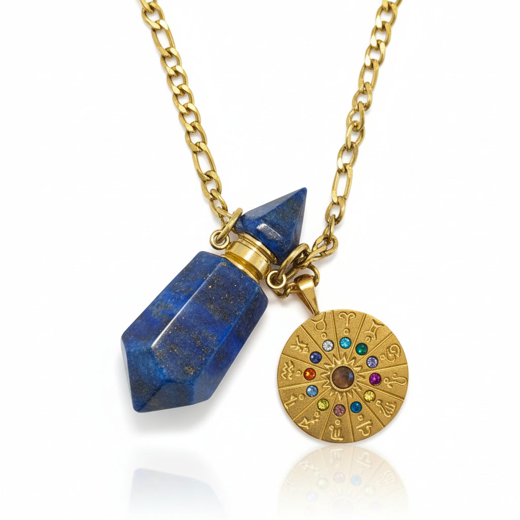 Zodiac clock pendant with a lapiz lazulu crystal perfume pendant bottle on a light gray background
