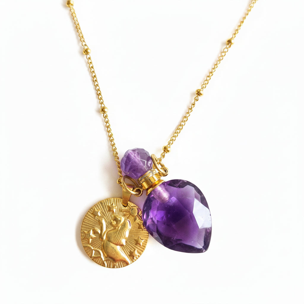 Leo Coin & Amethyst Vintage Crystal pendant bottle necklace