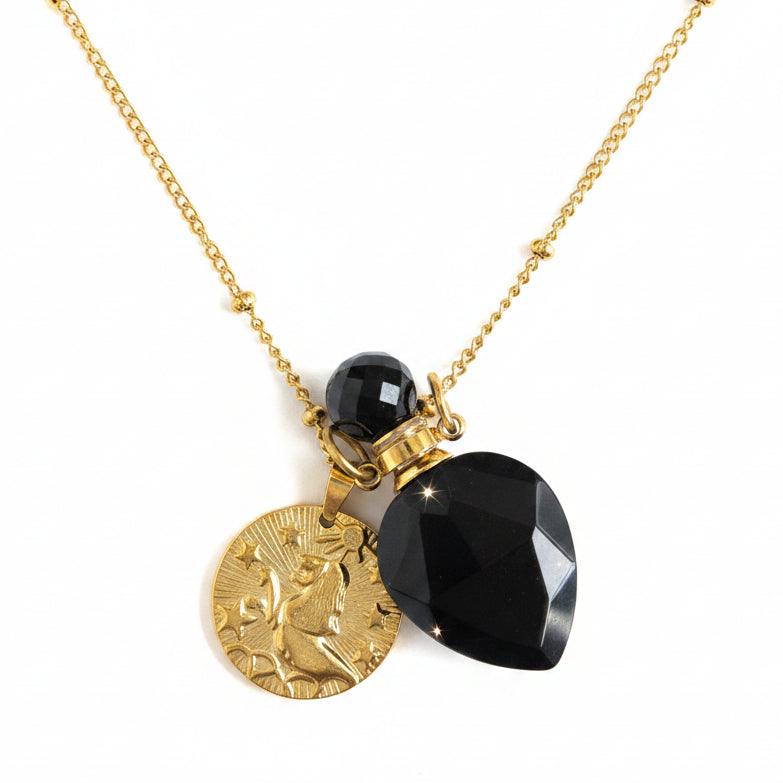 Leo Coin & Black obsidian vintage crystal pendant bottle necklace