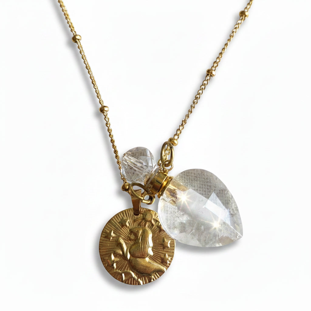 Leo Coin & Clear Quartz Vintage crystal pendant bottle necklace