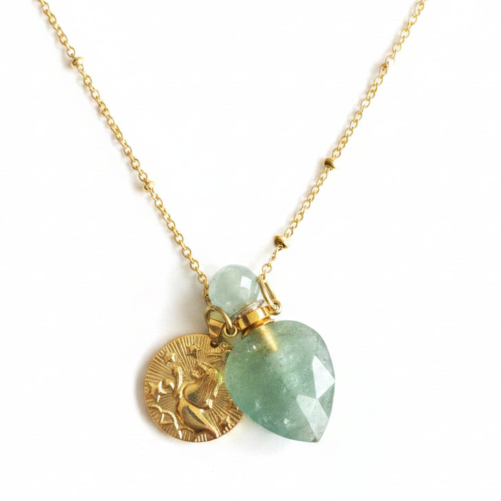 Leo Coin & Green Aventurine Vintage crystal pendant bottle necklace