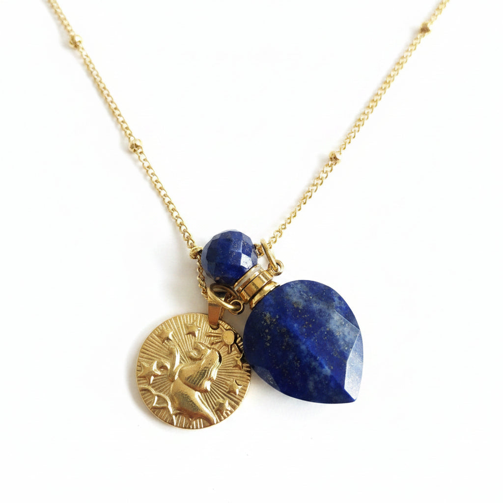 Leo Coin & Lapiz lazuli Vintage crystal pendant bottle necklace