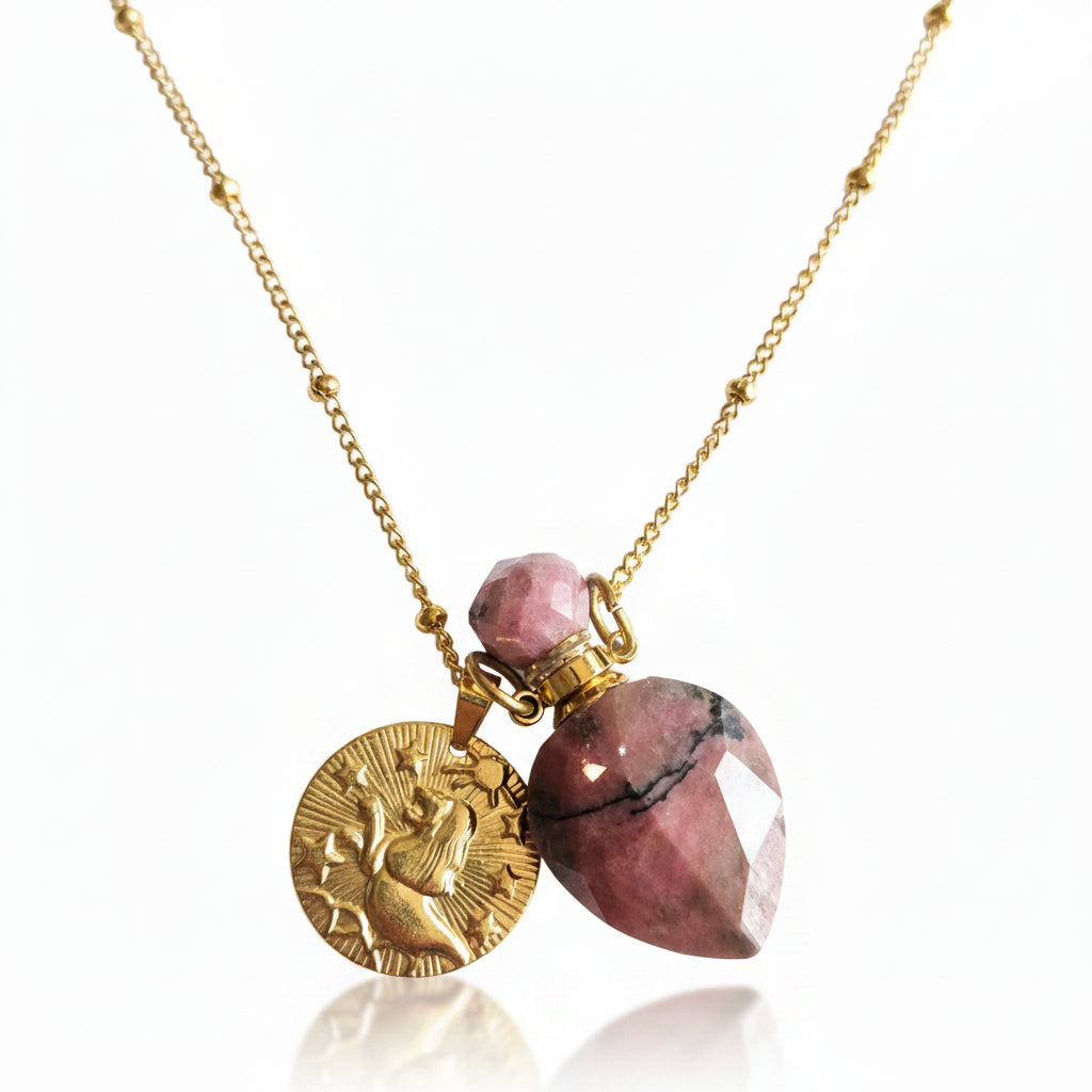 Leo Coin & Rhodonite Vintage crystal pendant bottle necklace