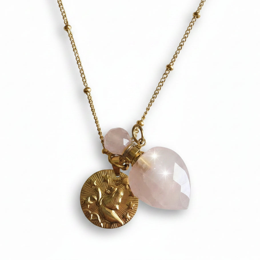 Leo Coin & Rose Quartz Vintage Crystal Pendant bottle necklace